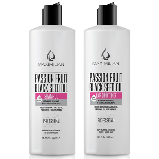 MAXIMILIAN Sulfate Free Shampoo and Conditioner Set for Curly Hair with Black Seed, Sweet Almond Oil, and Vitamin B- Nourishing Products with Maracuja Oil- Made in USA - Arlena Beauty