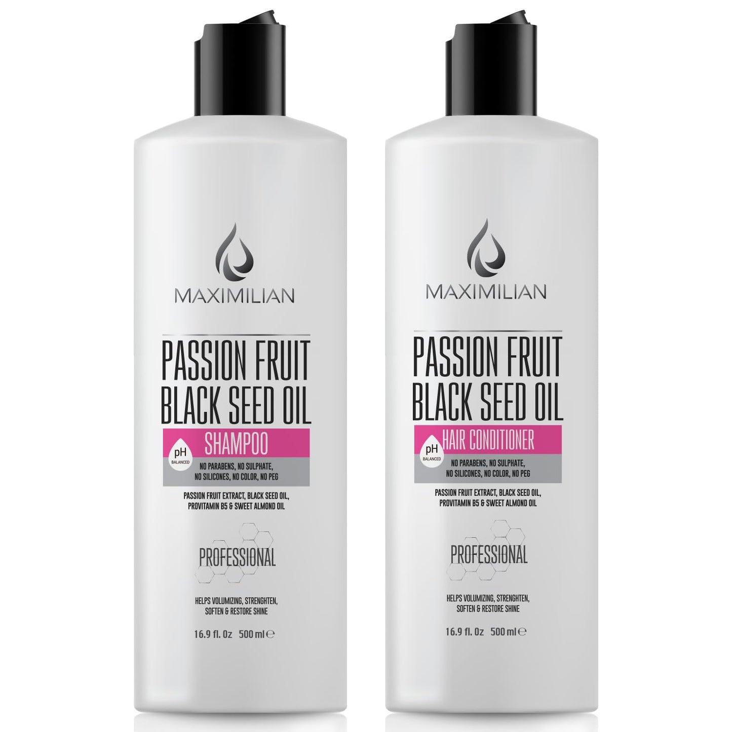 MAXIMILIAN Sulfate Free Shampoo and Conditioner Set for Curly Hair with Black Seed, Sweet Almond Oil, and Vitamin B- Nourishing Products with Maracuja Oil- Made in USA - Arlena Beauty