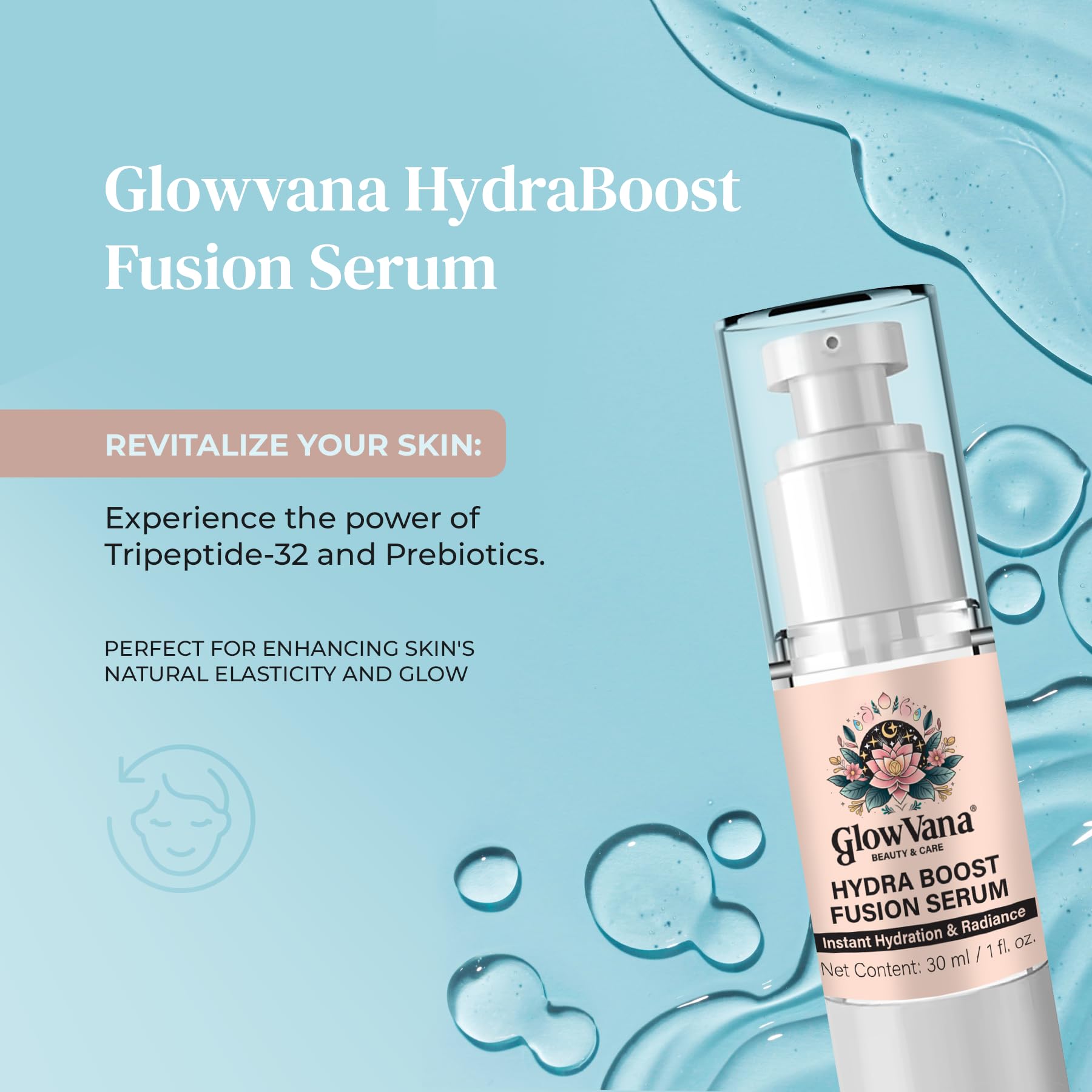 Glowwana HydraBoost Fusion Serum - Revitalizing Prebiotic & Tripeptide Complex, Adansonia & Caffeine, Hyaluronic Acid, 1 fl oz, Made in USA - Arlena Beauty