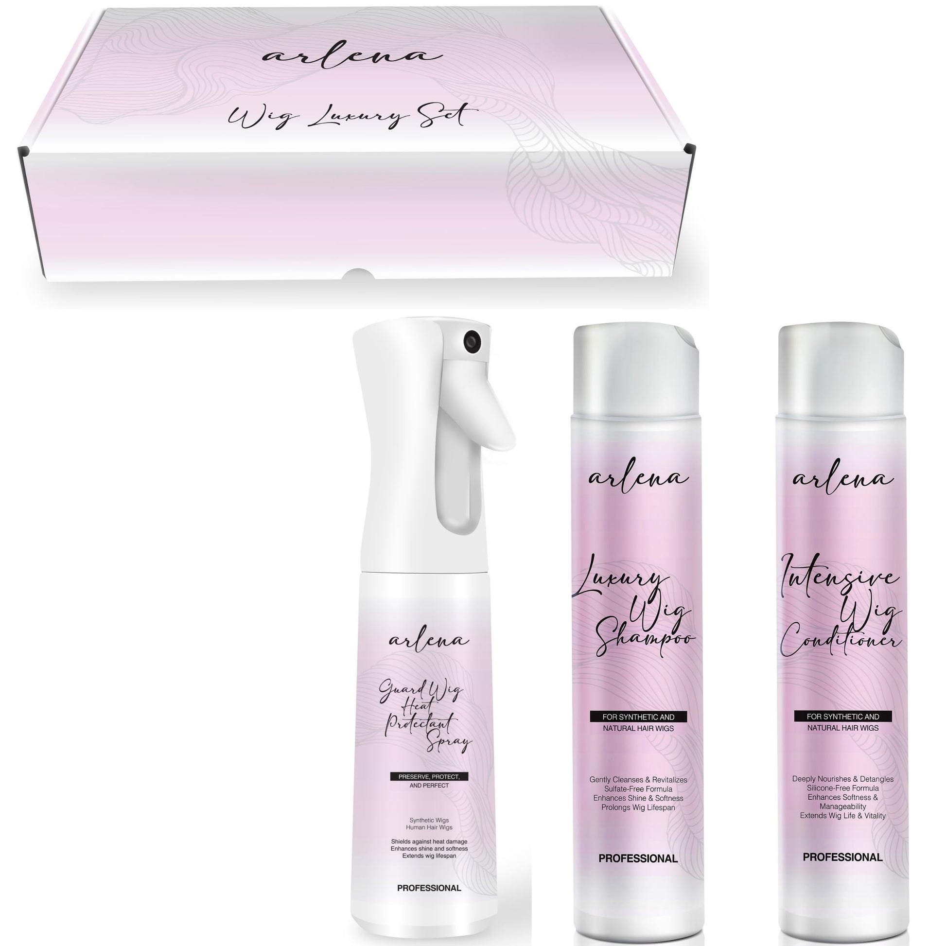 Arlena Luxury Wig Care Bundle Gift Box - Wig Shampoo, Conditioner & Heat Protectant Spray | Revitalize, Protect, and Extend Wig Lifespan | For Synthetic & Natural Hair Wigs - Arlena Beauty