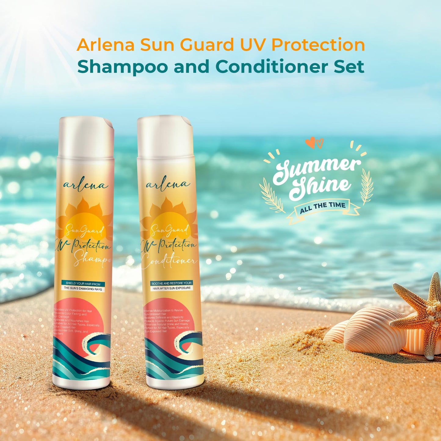 Arlena Sunguard UV Protection Color Protecting Shampoo and Conditioner Set - Enriched with Avocado, Mango, and Coconut Oils to Hydrate, Protect Color, and Restore Sun-Damaged Hair for All Hair Types - Arlena Beauty